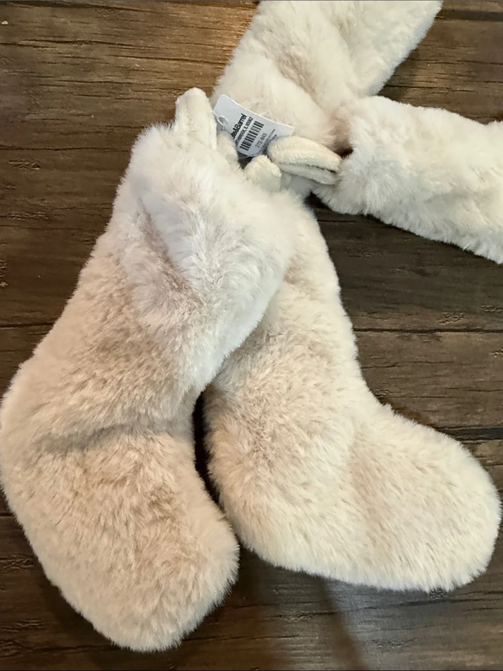 Crate&Barrel Faux Fur Plush Boot Christmas Ornaments. Set of 4.